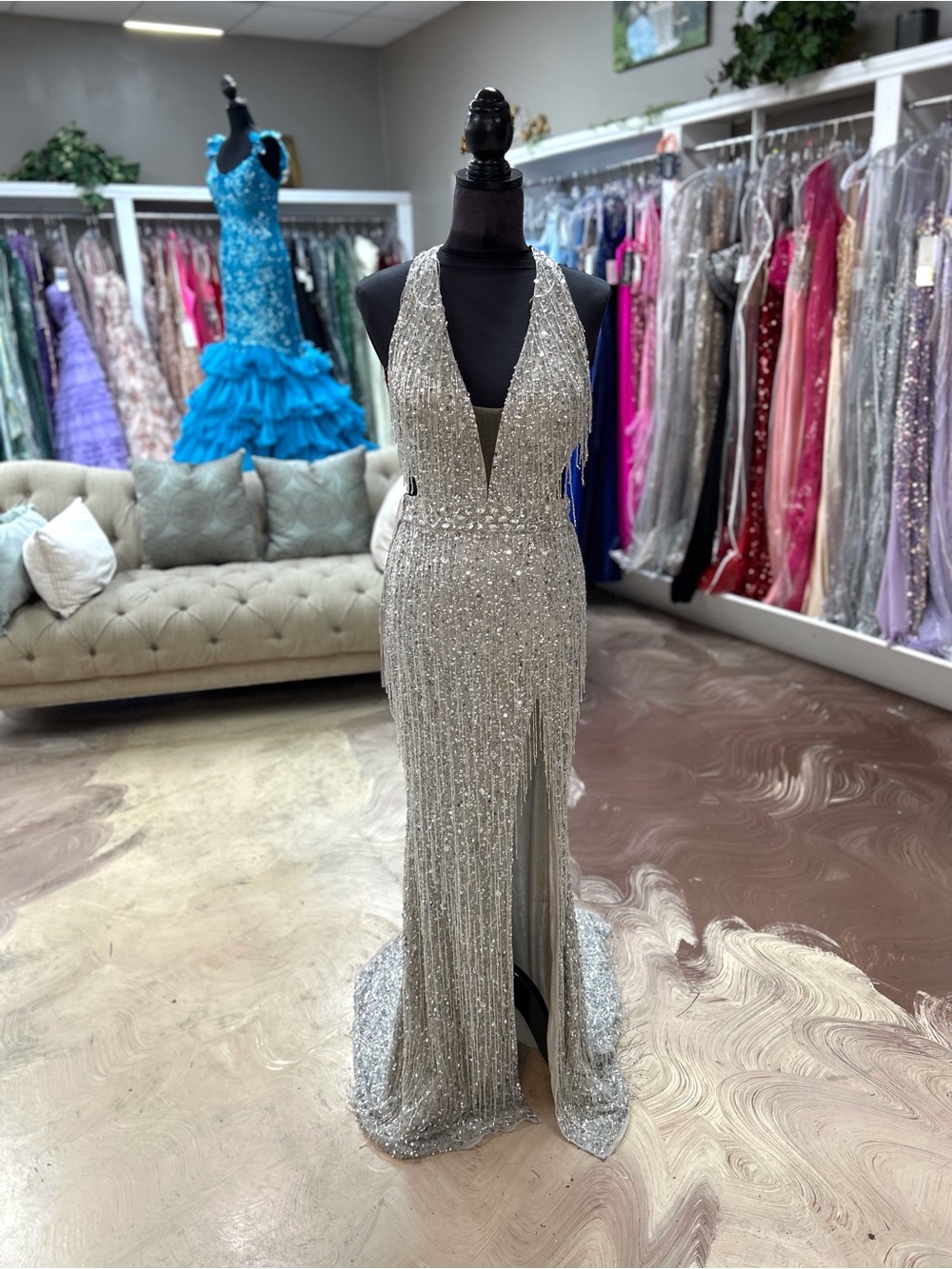 Silver Beaded Halter Prom Gown with Plunging V-Neck